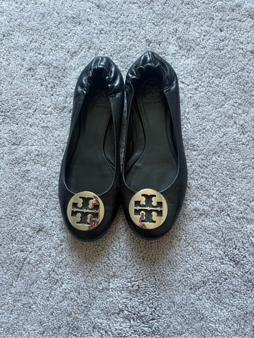 Tory Burch Black Leather Flats with Silver Logo